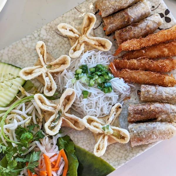 A Vietnamese appetizer platter with fried shrimp, spring rolls, wontons, vermicelli noodles, and fresh vegetables.