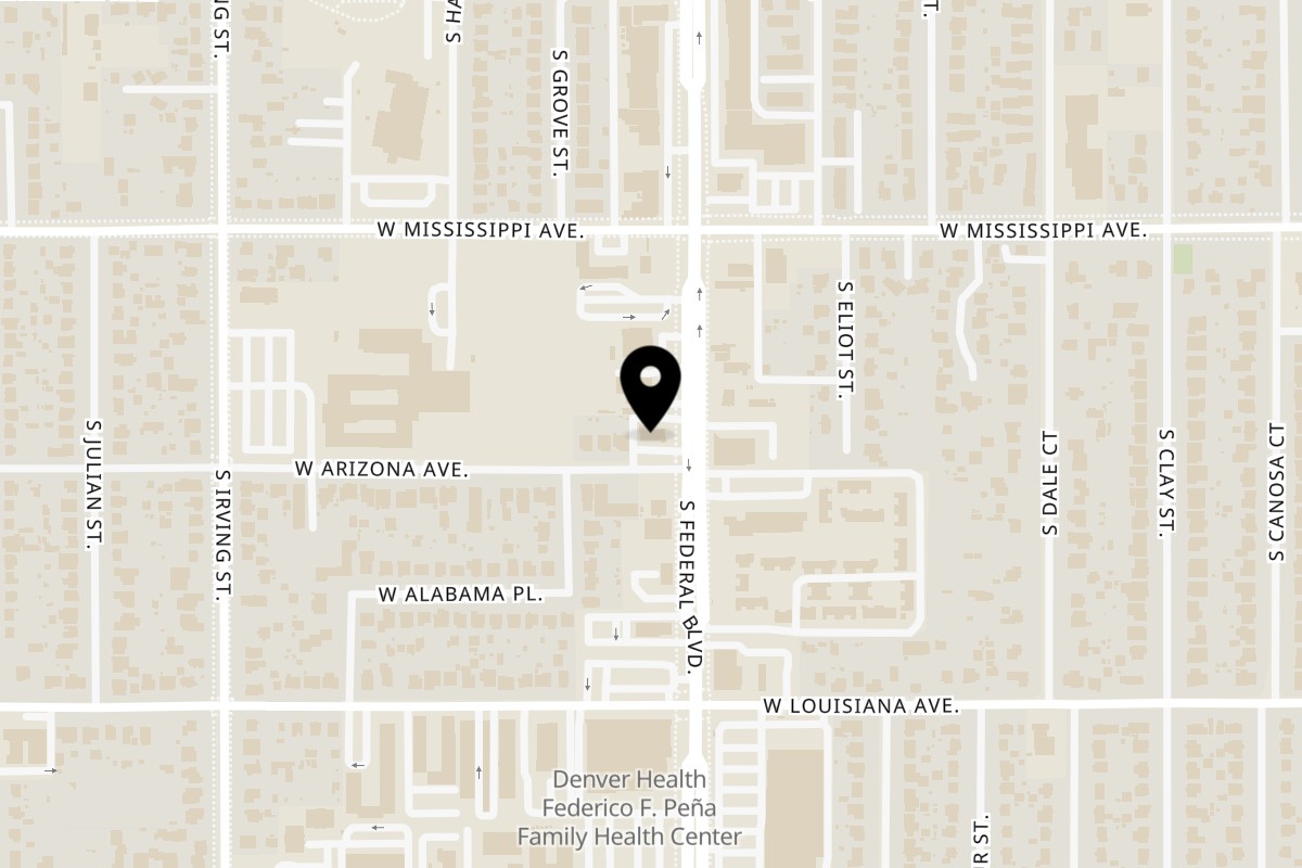 Map showing the location of Now Phở on 1195 S Federal Blvd in Denver